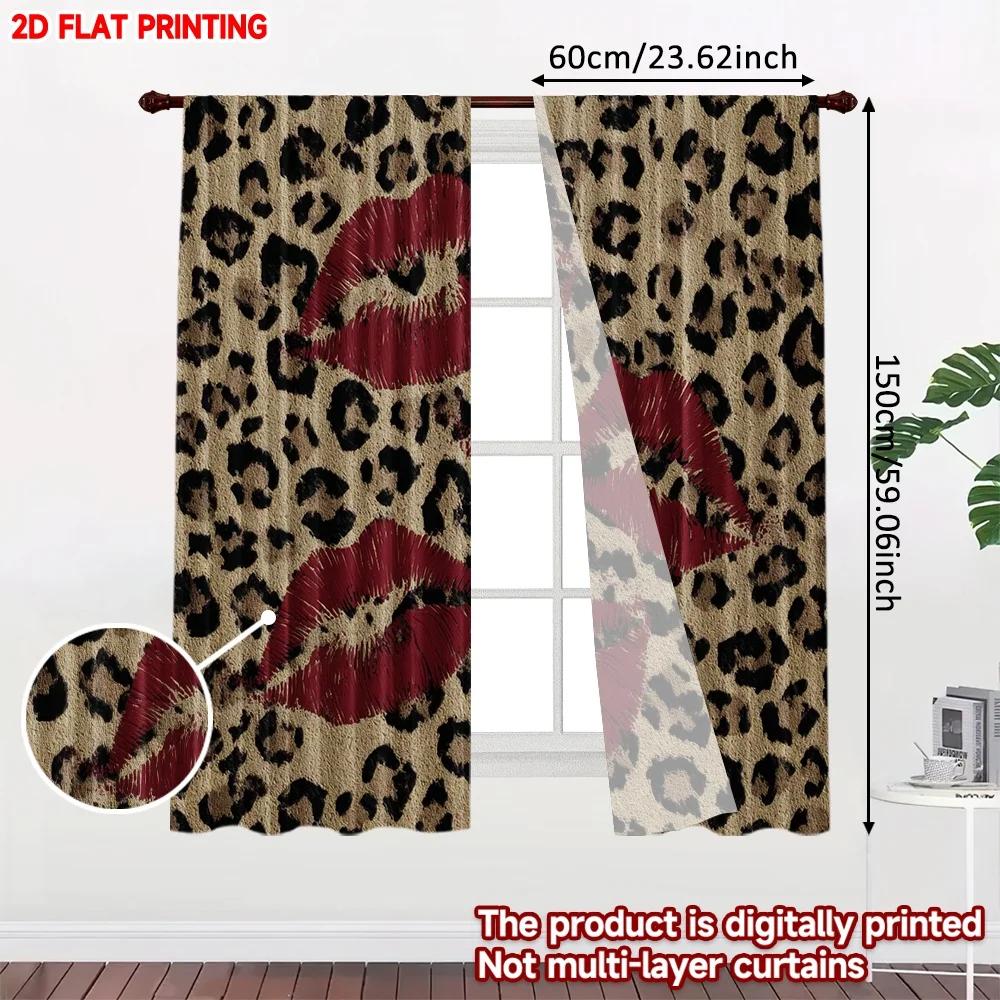 Set Of 2 Modern Leopard Lips Curtains Digital Printing Bold Animal Print Red Yellow Brown Background Living Room Curtain Polyester Ideal For Area