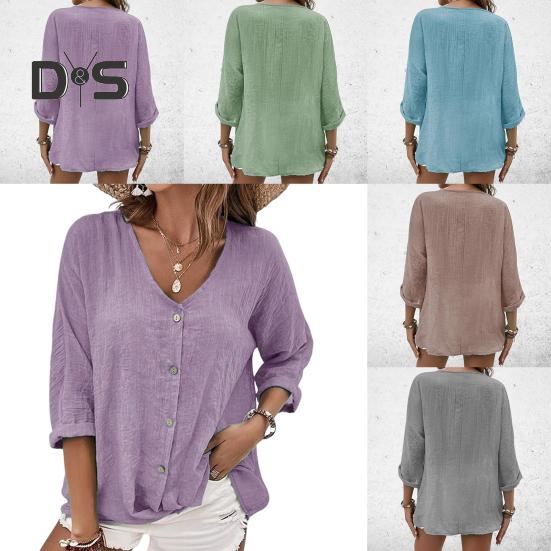 Damen Frühlingshemd V-Ausschnitt Knöpfe Einreihig Langarm Einfarbig Weich Atmungsaktiv Dame Vintage Lose Mittellanges Oberteil