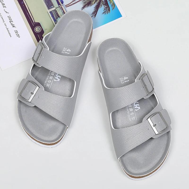 Fashion Thick Sole Men Cork Slippers Summer Casual Double Buckle Non-slip Clogs Slides Slip On Men Leather Beach Vacation Comfort Shoes