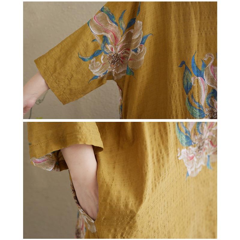 DIMANAF 2025 New Summer Women Linen Vintage Plus Size Long Dress Printing Casual Flower Loose Dress Maxi