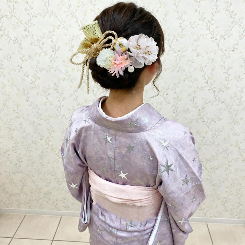 FASELE Japanese-style Hair Ornament Set (10 Pieces) - Artificial Flowers, Hairpins, U-pins, Ping Pong Chrysanthemums, Ribbons, Baby's Breath,
