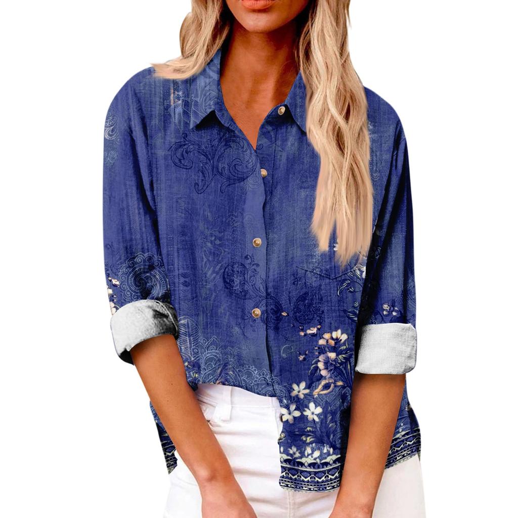 Women's Loose Floral Print Stand Collar Long Sleeve Cotton And Linen Top
