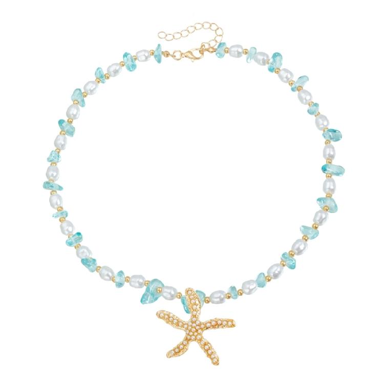 Multi Textured Starfish Pendant Necklace Combining Crystal And Pearls Charm For Layering Look Girls Clavicle Chain