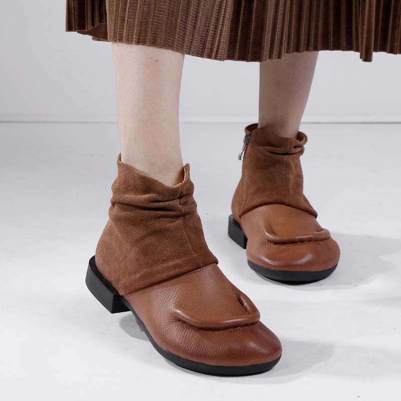Johnature Botas de otoño/invierno, botas cortas de piel auténtica, zapatos retro de suela blanda y cómodos para mujer