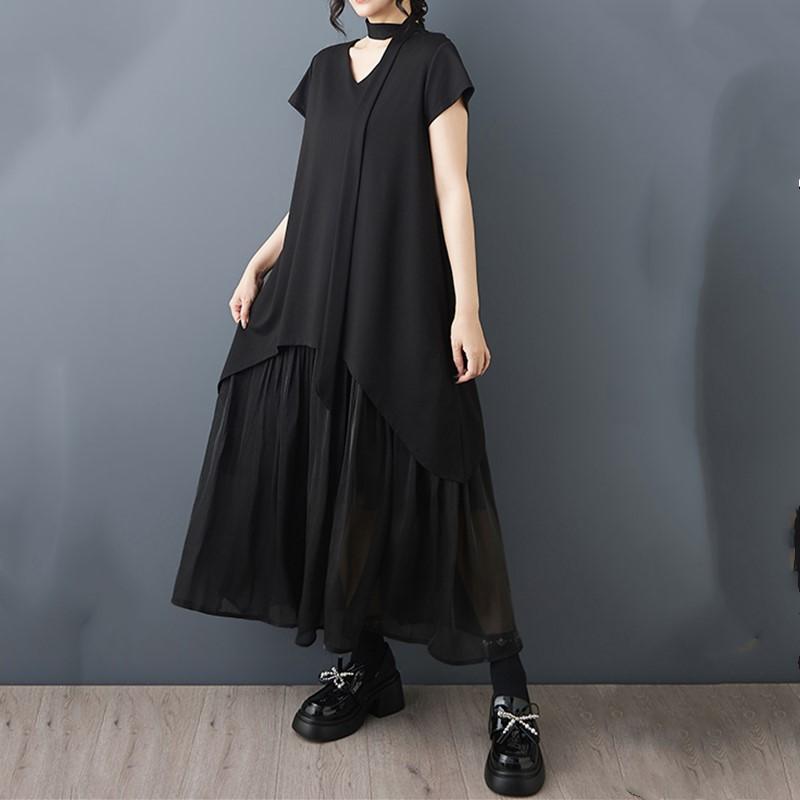 Short Sleeve Plus Size Black Mesh Patchwork Vintage New In Dresses for Women Casual Loose Long Summer Dress