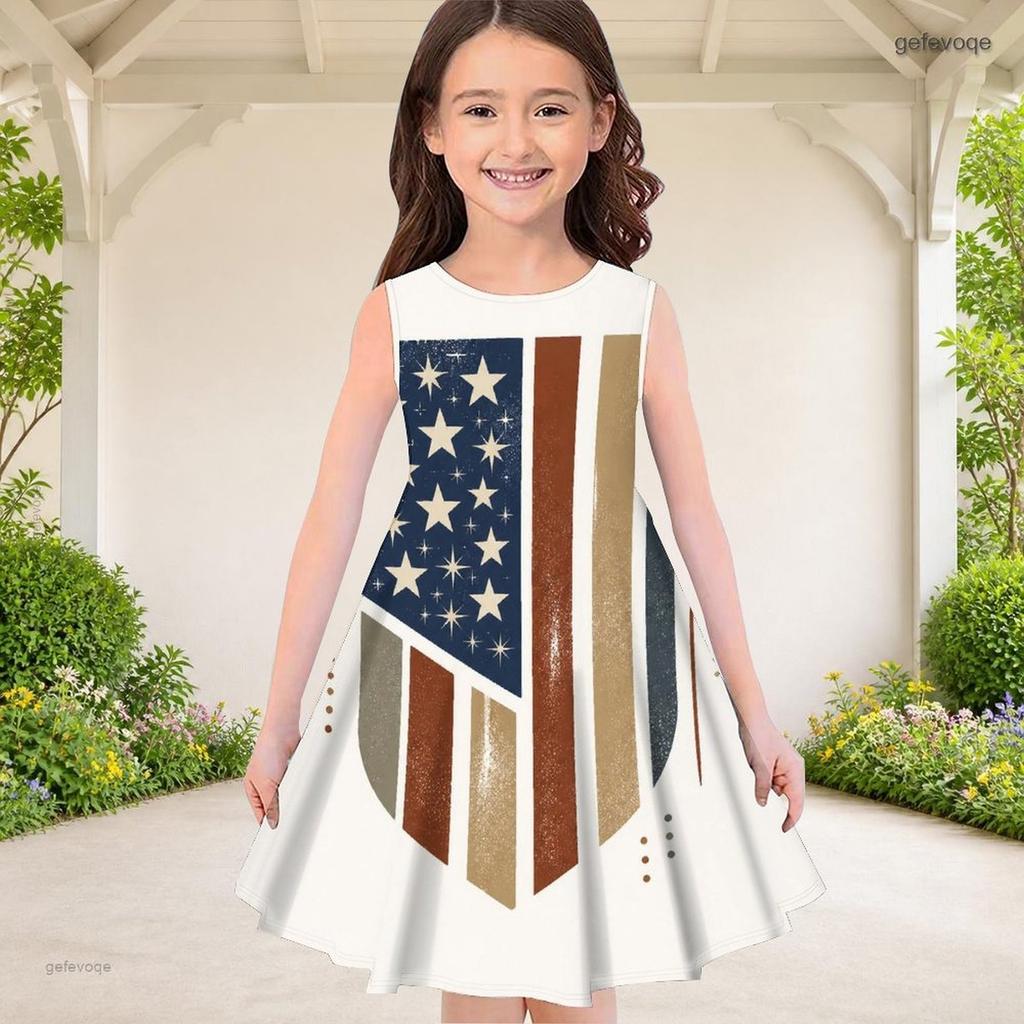 Girls White Round Neck Sleeveless Printed A Line Flared Dress Eagle Star Stripe Design