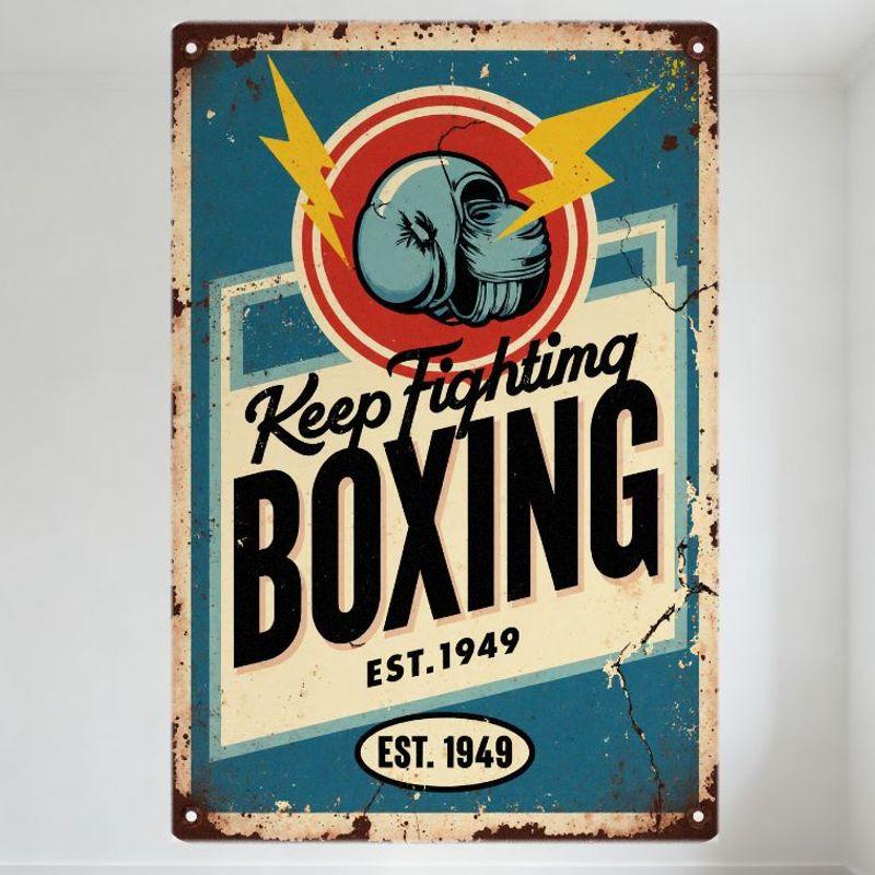 

Vintage Metal Tin Sign Keep Fighting Boxing Glove & Lightning Bolts, EST. 1949 Rustic Wall Decor for Man Cave Bar Cafe Home De 20x30cm（7.8x11.8inch）
