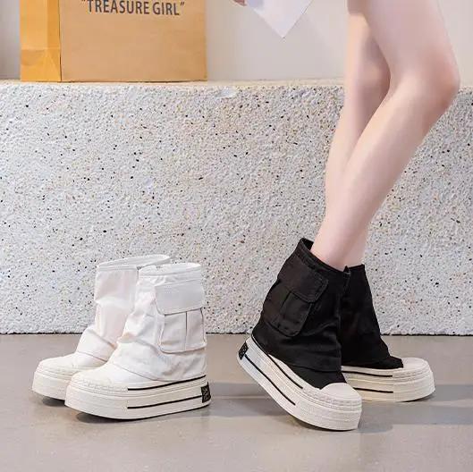 Fashion 2025 New Women All Season Canvas Boots Zipper Side Inner Height Increase 12cm Ultra High Heel Pocket Ankle Boots Black White