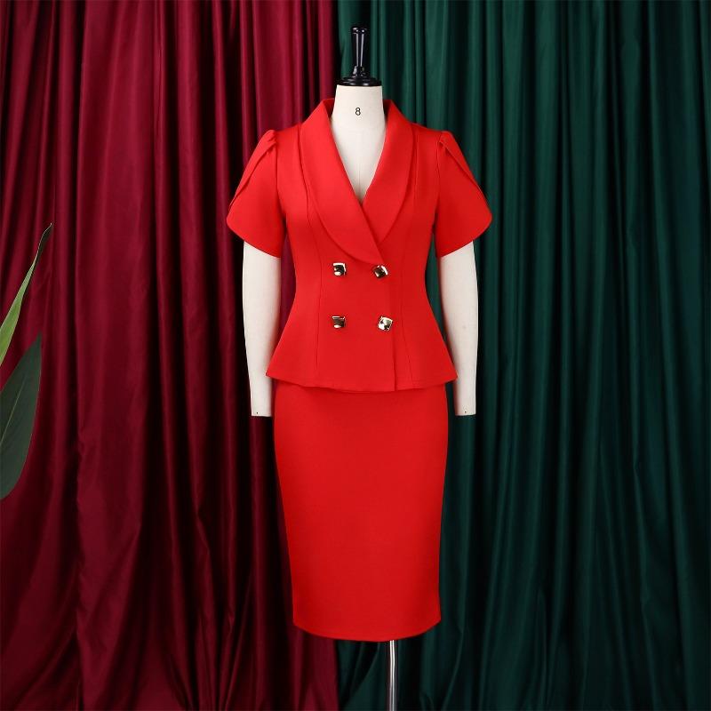 Women Plus Size Turn Down Collar Elegant Casual Two Piece Skirt Suit