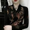 De Rong Women's Elegant V-Neck Long Sleeve Shirt with Hot-Drilled Details - Autumn/Winter Collection