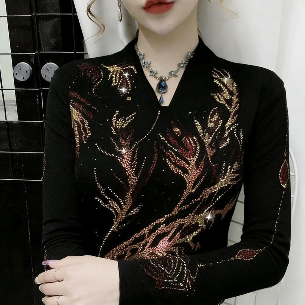 De Rong Women's Elegant V-Neck Long Sleeve Shirt with Hot-Drilled Details - Autumn/Winter Collection