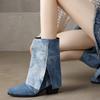 Cowboy Western Boots Women's Denim Mid Calf Boots Turndown Split Chunky Heels Shoes Slip on 2024 Autumn Winter Footwear