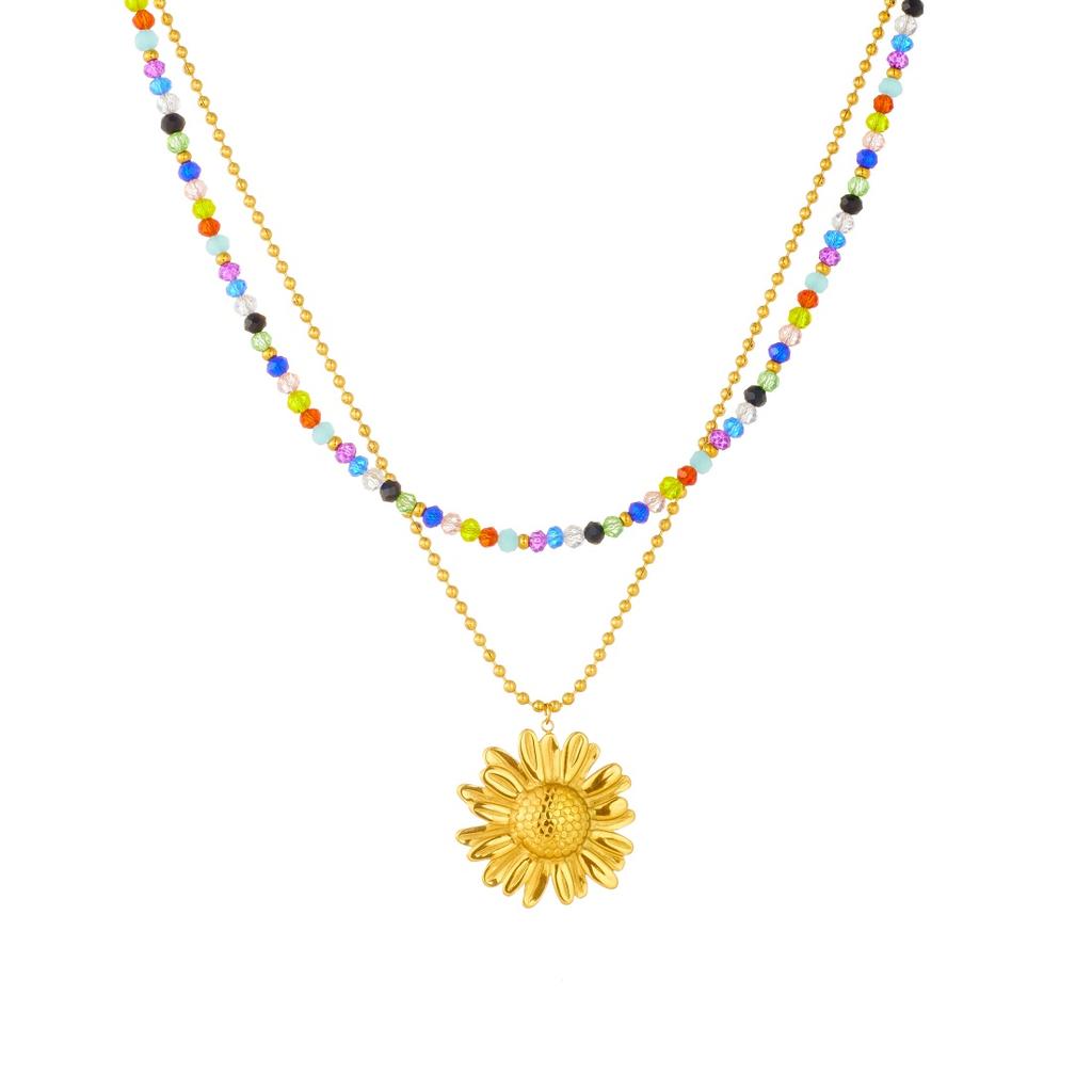 316L Stainless Steel Colored Glass Beads Exquisite Sunflower Pendant Necklace Women Novel Chic Clavicle Chain Jewelry