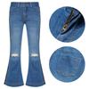 Kids Girls Casual Stripe Side Long Pants Elastic Waistband Ripped Bell-bottom Hem Denim Pants