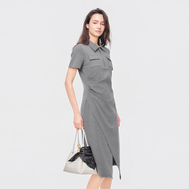 SheTu Casual Elegant Zipper Lapel Mid-length Short Sleeve Dress M