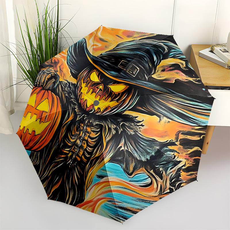 1pc Halloween Pumpkin Scarecrow Automatic Folding Umbrella, Lightweight Retractable Compact Travel Umbrella, 8-Rib Sturdy Frame111