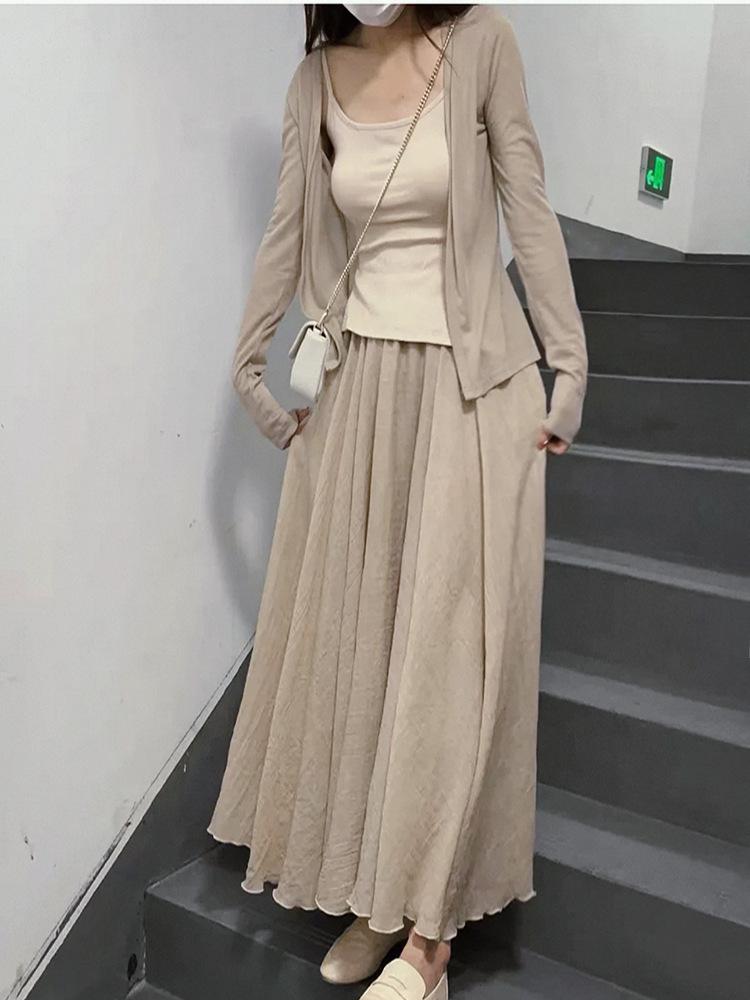 Luxurious Retro Ice Silk Cotton Linen Midi Skirt for Women: Spring/Summer 2026 Slimming High-Low Floor-Length Dress