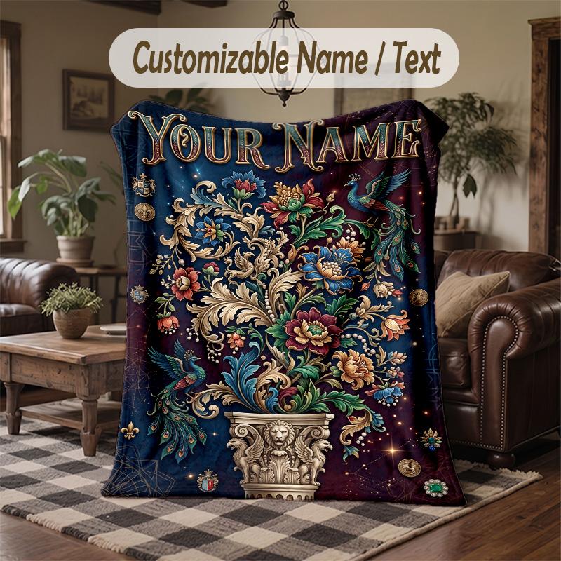 Floral Fantasy Poster Theme Throw Blanket Custom Name Text Personalized Blanket Soft Cozy Blanket for Home Sofa Bed