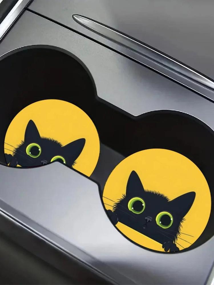 2PCS Yellow Black Cat Pattern Car Personalized Cup Holder Anti Slip Bottle Holder Cup Holder Car Interior Anti Slip Cup Holder