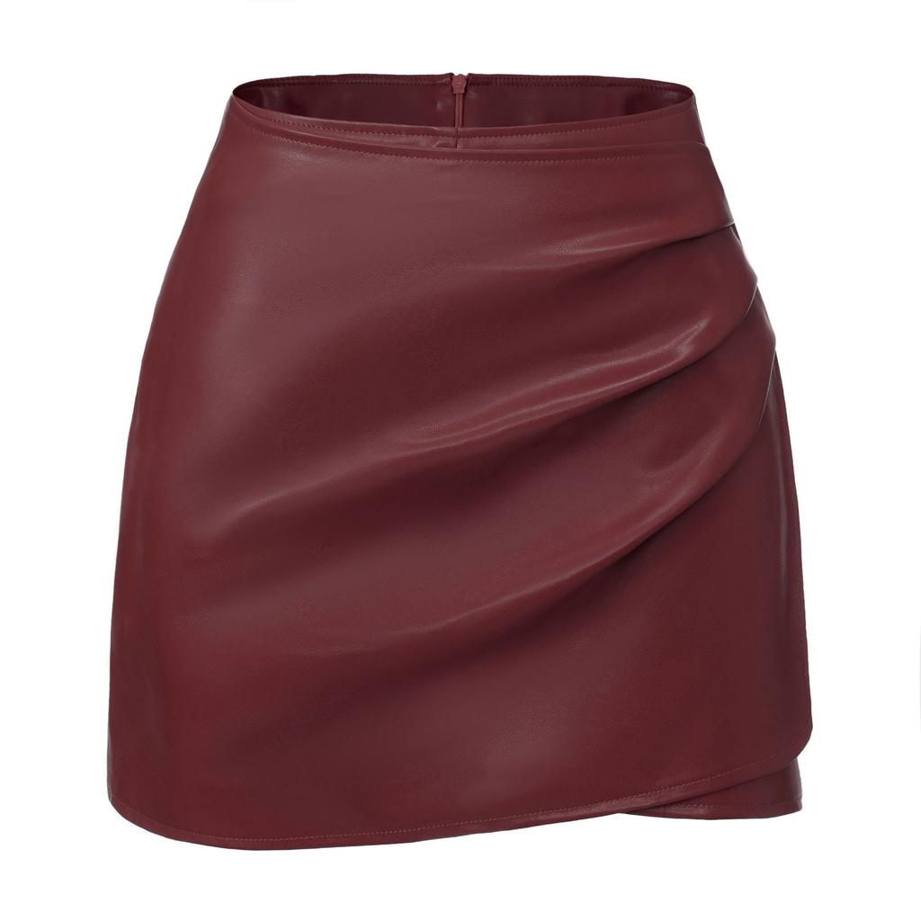 Women's Casual Ruched Faux Leather Mini Skirt High Waisted Asymmetrical Hem A-line Dressy Wrap Skort Shorts for Women Fall Casual Work PU Short Skirts