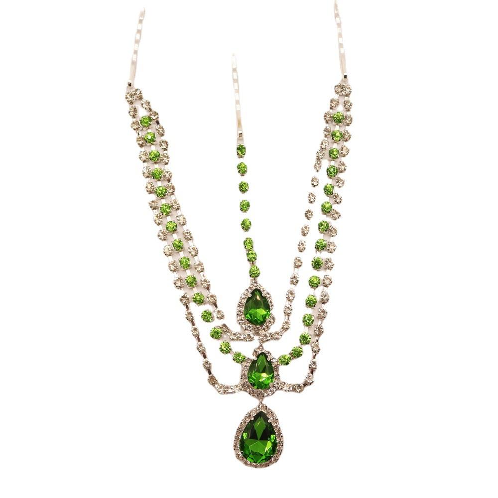 Hot Sale Emerald Water Drop Pendant Forehead Lace Women Elegant Fashion Multi-Layer Drill Head Chain Hair Accessories