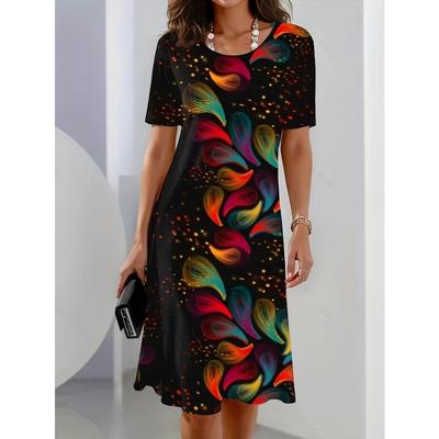 Printed Round Neck Dress, Spring and Summer Casual Short-sleeved Dress, Women's Clothing