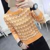 Camiseta de Manga Corta de Punto de Moda para Mujer Otoño Invierno Cuello Redondo Suave Raya Suéter Top