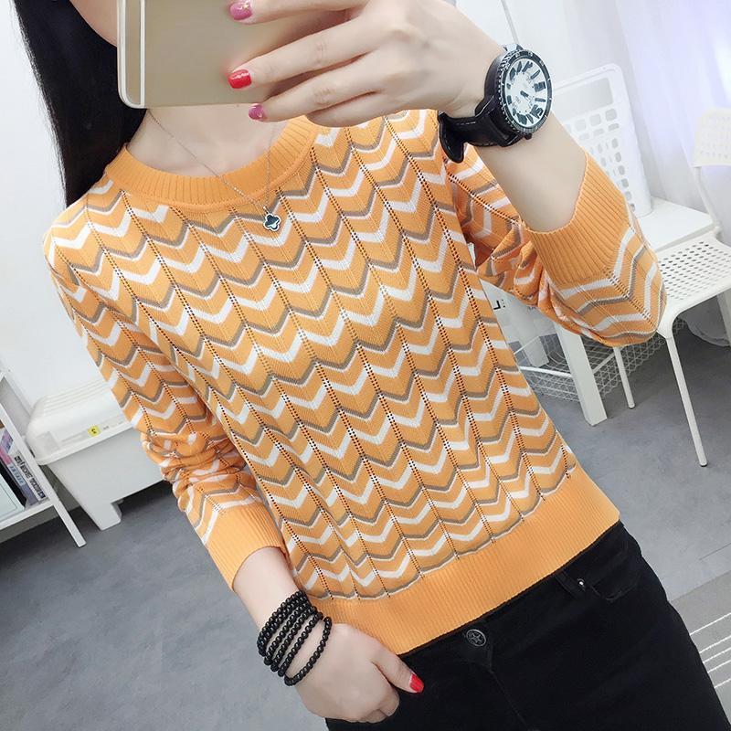 Fashion Knitted Short Sleeve Women's Autumn Winter T-shirt Round Neck Soft Stripe Sweater Top