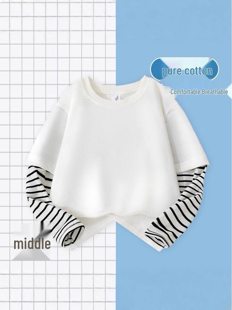 Boys' Striped Patchwork Cotton Long-Sleeve T-Shirt - 2025 Autumn Fashion