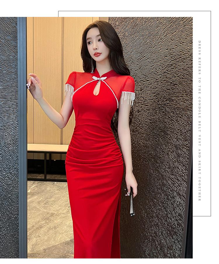 Evening dress women's new high-end modified cheongsam dress hip-wrapped split sexy tight dress summer