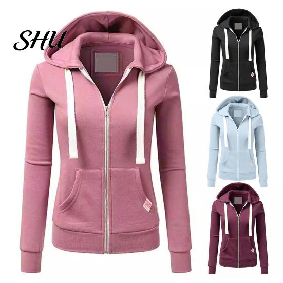 Zipper Hooded Jacket Fall Winter Women Drawstring Zip-up Long Sleeves Pure Color Track Coat Slim Fit Elastic Cuff Cardigan Pockets Sport Fitness