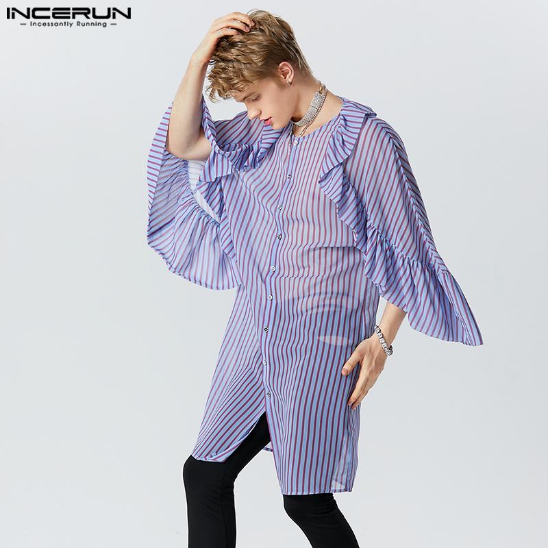 

INCERUN Мужские рубашки в полоску с расклешенными рукавами, летние длинные топы, рубашки с рюшами