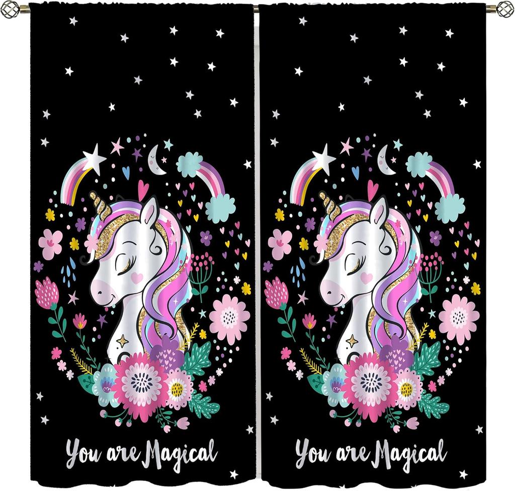 Purple Unicorn Curtains Girls Fantasy Mystery Fairytale Clouds Stars Magic Unicorns Window Drapes Kids Nursery Made Of Polyester