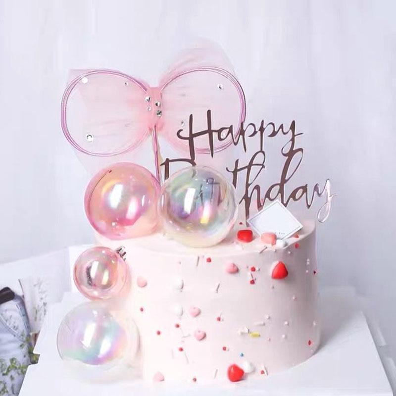 Iridescent Transparent Ball Cake Decorations In White & Pink