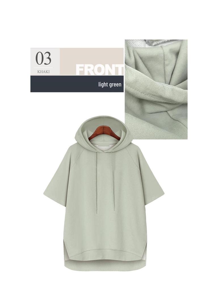 Korean-Style Solid Color Hooded T-Shirt: Simple Summer Drawstring Short Sleeve Loose Fit, for Women, Campus Casual, 200 Jin Size.