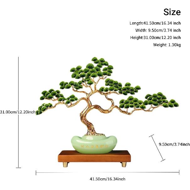 Aris & Juno Alloy Welcome Pine Fortune Tree with Golden Ingot, Modern Chinese Style Wealth Sculpture, Glass Enamel Decor for Home Office Desk
