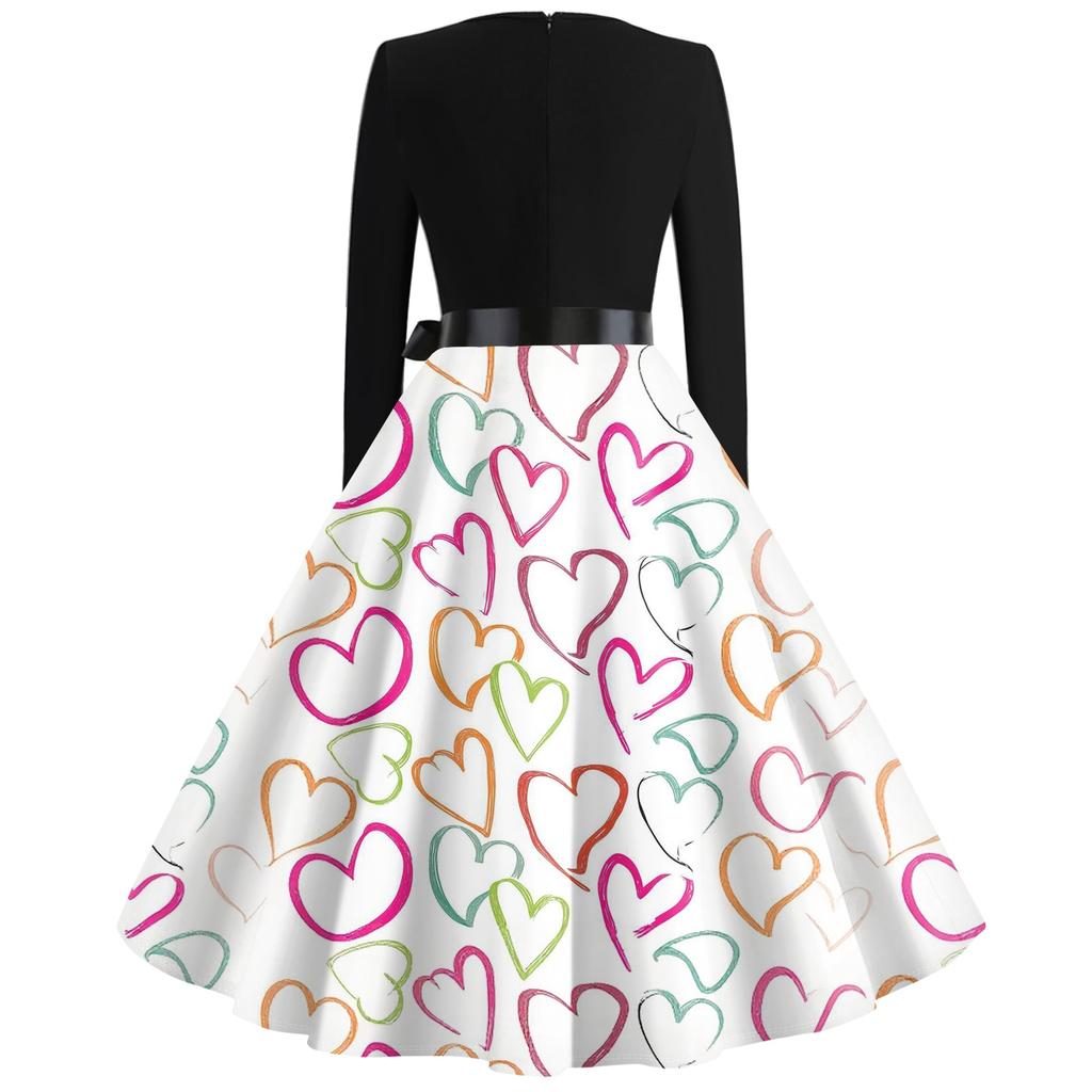 Print Flare Dress For Women Long Sleeve Dress Hollow Party Casual Dresses