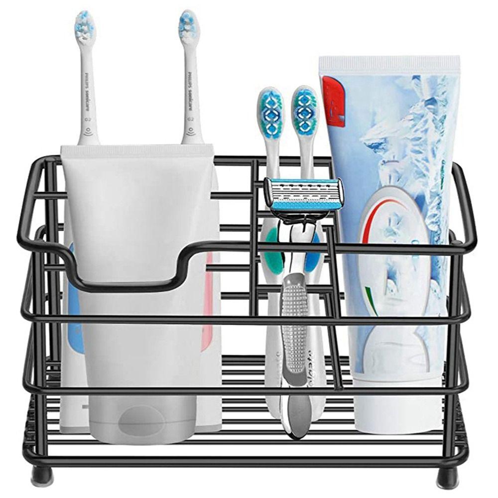 Stable Stainless Steel Toothbrush Holder Black/Silver Bathroom Countertop Storage Rack  Countertops