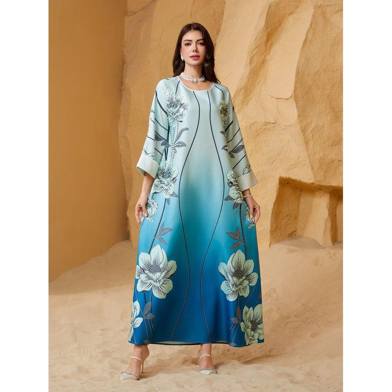 

2025 Middle East New Women clothes round Neck Print Gradient Color Beads Dubai Robe Arabic Dress Dress Light blue to dark blue Gradient 2XL