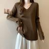 Women's Plus Size Ribbed V-Neck Long Sleeve T-shirt - Slimming, Loose Fit, Thickened for Warmth, Ideal for Autumn and Winter.