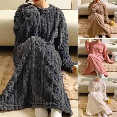 Damen Flanell Nachthemd Fuzzy Fleece Schlafkleid Lockerer Rundhalsausschnitt Langes Nachthemd mit Taschen Gemütlich Plüsch Warm Winter Pullover Loungewear