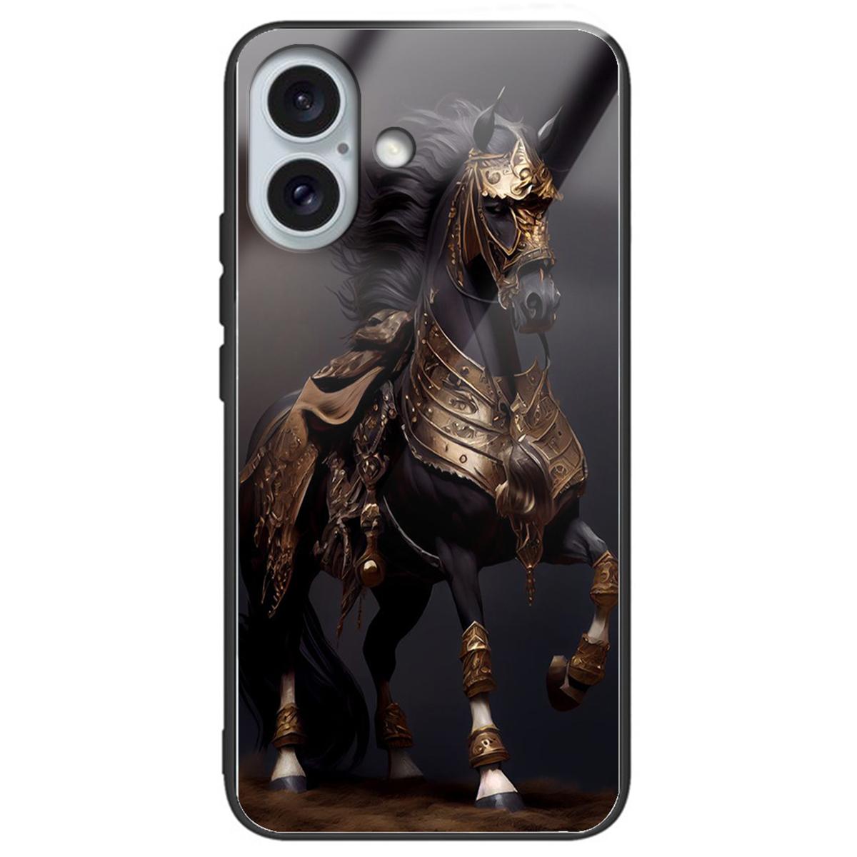 

For iPhone 16 Case Lightweight Tempered Glass Back TPU Phone Cover Pattern Printed Masked Horse