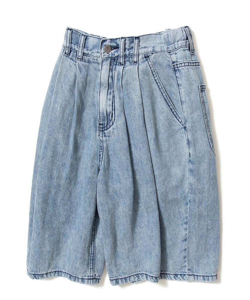 AOTT Linen Denim Wide Double-Pleat Bermuda Pants Light Blue