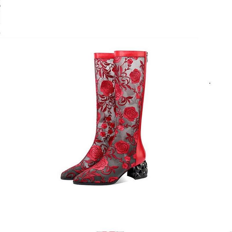 Mode FHC Femmes Sandales Bottes Hautes au Genou, Chaussures d'Été en Maille, Dentelle Broderie Fleur Longues Botas, Bout Pointu, Fermeture Éclair au Dos, Noir, Blanc, Dropship