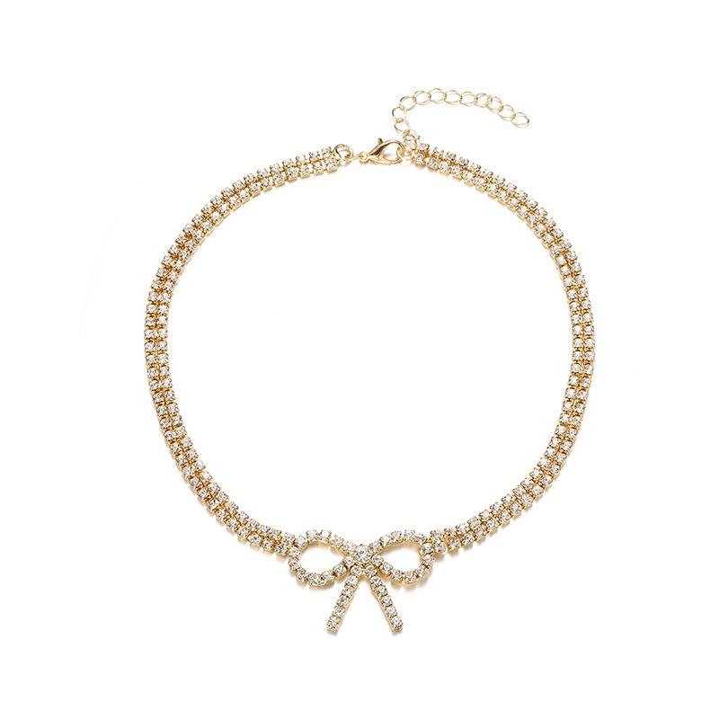 New Accessories Fashion Multi-layer Diamond Bow Necklace Ladies Alloy Bow Pendant