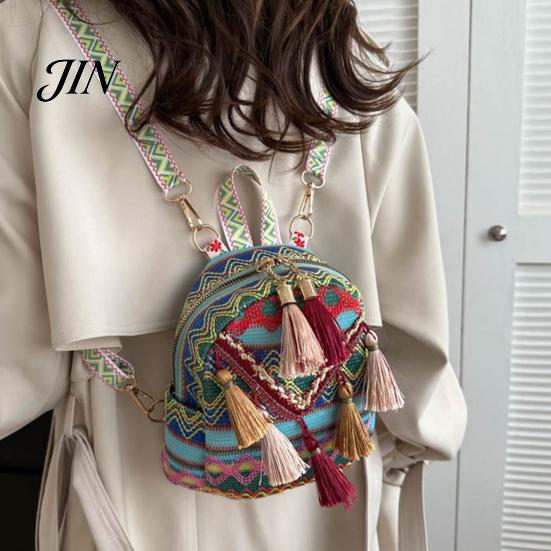 Shoulder Pressure Relief Bag Ethnic Jacquard Backpack, Colorful Small Backpack with Tassels, Geometric Tassel Decoration Straps, Boho Crossbody Purse