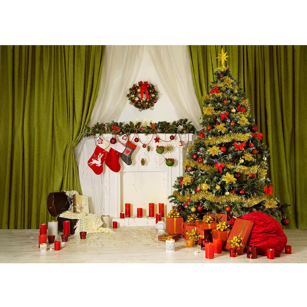 Christmas Tree Gifts Decor Green Curtain Photo Backdrops Vinyl Cloth Background for Children Baby Family Photography Props