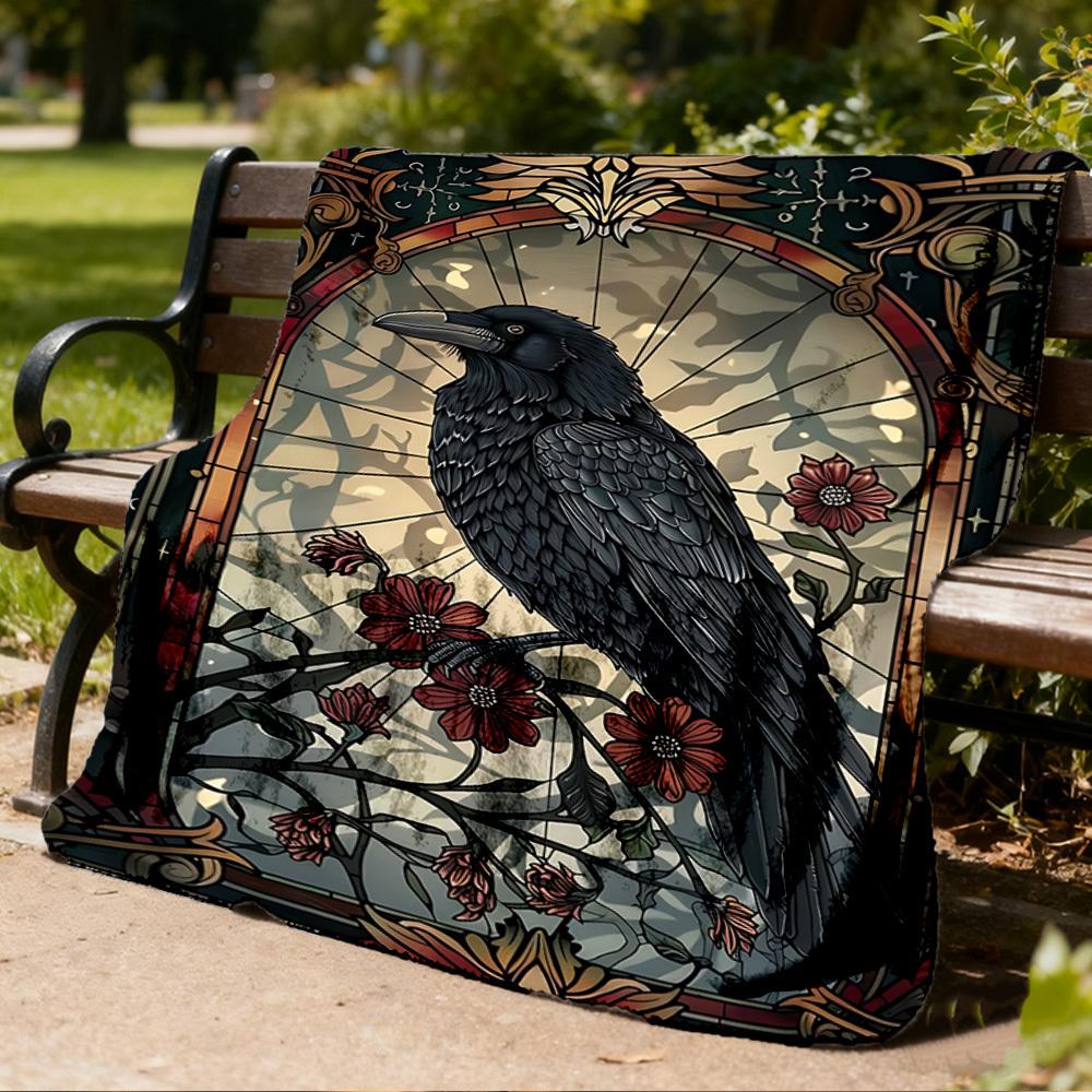 1pc Stained Glass Raven Throw Blanket Polyester Fiber, Lightweight Flannel, Soft & Warm, All Season Use for Outdoor, Camping Digital Print