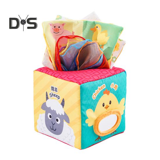 

Детская сенсорная коробка с салфетками, мягкая игрушка-кубик с хрустящим звуком, развивает сенсорно-моторные навыки, набор из мультисенсорных салфеток для детей от 0 до 3 лет D