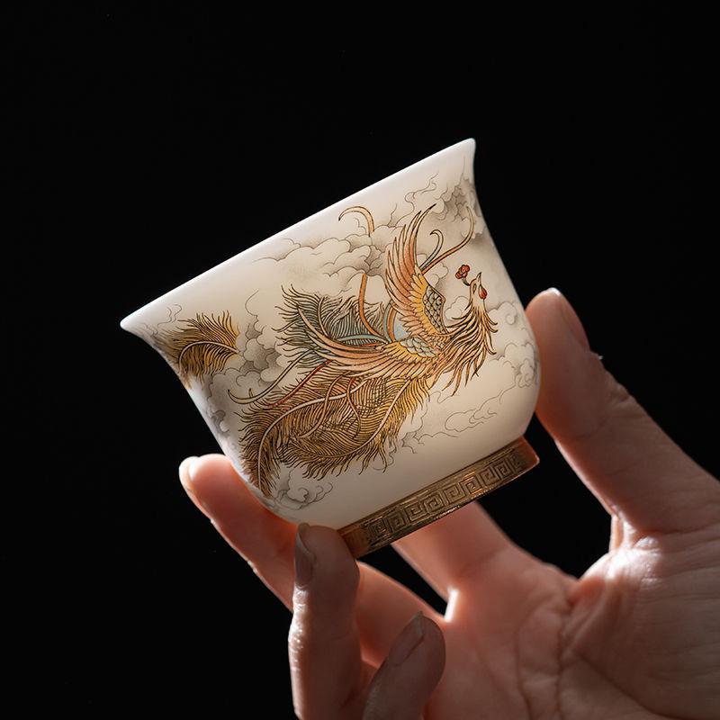 Sheep Fat Jade Porcelain Tea Set High End Personal Master Cups Dragon and Phoenix Pairs Counter Mouthed Cups